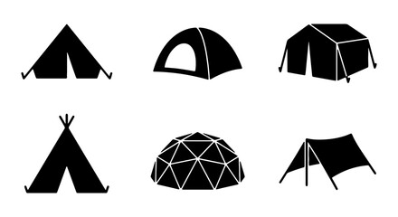 Camping Tent Icons Set, Outdoor Shelter Vector Collection, Travel Gear Silhouettes © ADIBA