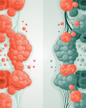 Medium shot focusing on a sidebyside comparison of healthy and hypothyroid thyroid cells using coral and teal accents to illustrate differences in hormone production pathways in