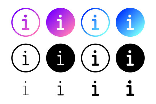 Modern information icon set featuring letter i symbols in circle button, gradient, outline, filled, black, blue, ideal for help, guide, support, FAQ, notification, and UI interface design.
