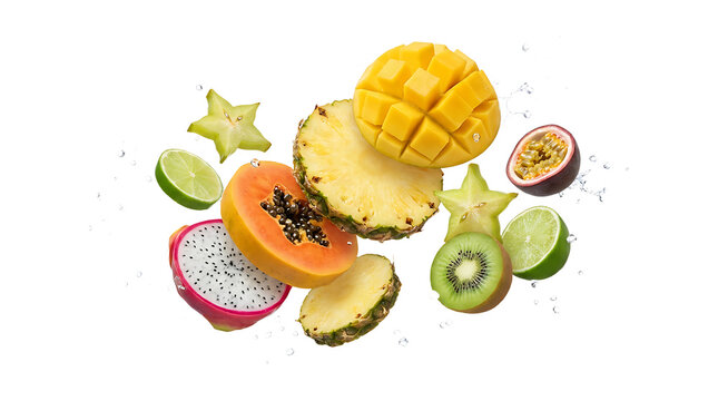 Fresh tropical fruits falling in the air isolated on transparent background flying exotic fruits, healthy food, diet, detox, summer concept