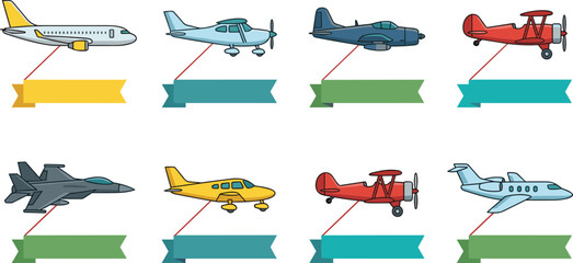 Aviation Airplane and Jet Vector Icon Set Featuring Biplanes Fighter Jets Passenger Planes and Advertising Banners for Flight Travel Graphic Designs © Mifta