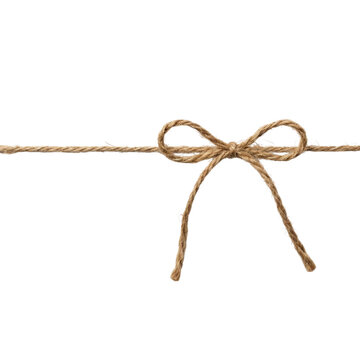 Rustic twine bow tied on a string with ends extending horizontally isolated on transparent background