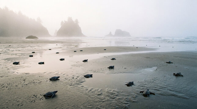 Sea turtle hatchlings crawling across a misty beach at dawn with wet sand and distant rock formations
