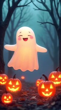 Cute floating Halloween ghost in forest