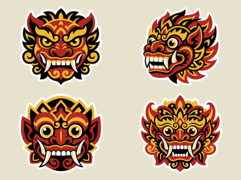 Balinese Barong and Rangda mask sticker collection. Vibrant Balinese Barong and Rangda mask stickers with detailed designs