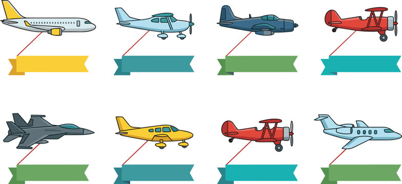 Aviation Airplane and Jet Vector Icon Set Featuring Biplanes Fighter Jets Passenger Planes and Advertising Banners for Flight Travel Graphic Designs