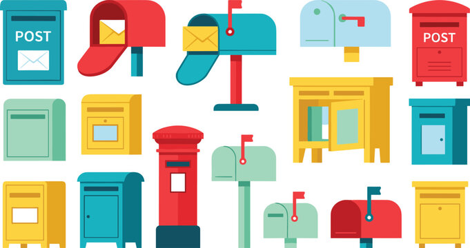 Colorful Retro and Modern Mailbox Vector Icon Set Featuring Classic Envelopes Post Boxes and British Pillar Boxes for Web Communication Graphic Designs