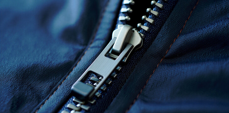 Close up of a metallic zipper slider on a navy blue jacket garment with fastener clothing hardware material function component tailoring minimalist fastening accessory