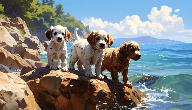Three adorable puppies stand together on a rocky shoreline, gazing out at the bright blue ocean and the sunny sky