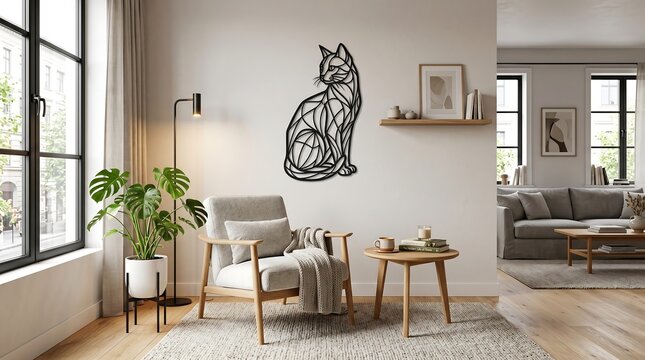 Minimalist black metal wireframe cat wall art decoration mounted on a light beige living room wall