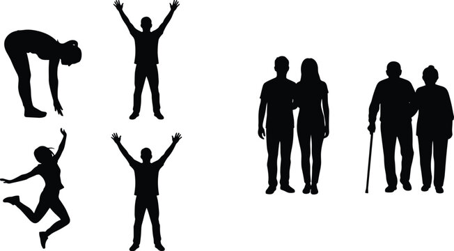 Black silhouettes of people in different life stages, showing youth, adulthood, aging, movement, and human connection through expressive poses