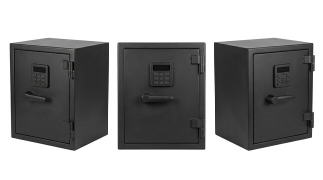 Set of 3 multi-angle views of heavy duty secure black steel digital safe chest combo lock safe box, transparent background, PNG