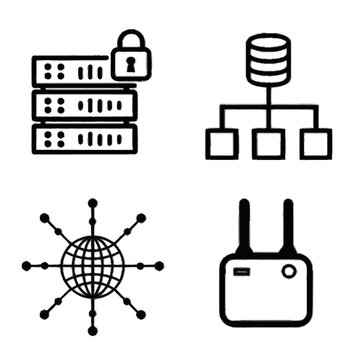 Secure server and database architecture web hosting and vector icons
