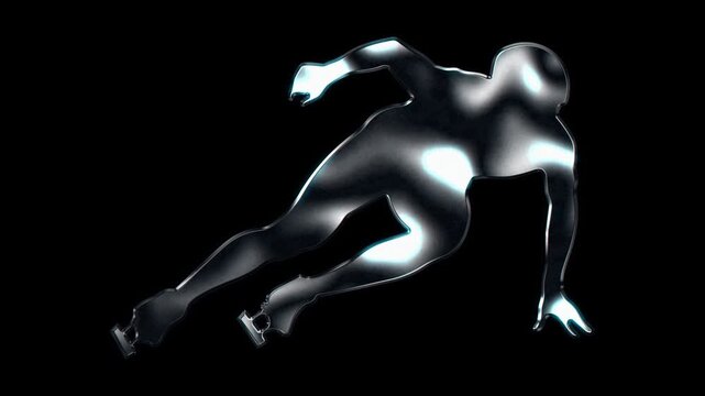 Silver metallic short track speed skater in racing stance silhouette. Alpha channel. Seamless loop video.