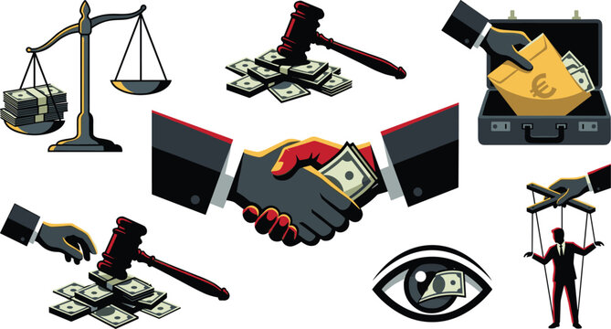 Political Corruption Legal Bribery and Business Crime Vector Icon Set with Handshake Money Envelope Justice Scales Judge Gavel and Puppet Control Elements