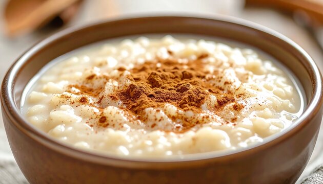 A homemade rice pudding topped with cinnamon, served in a ceramic bowl, cozy comfort dessert, warm natural light
