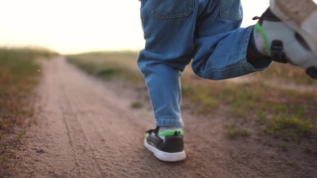 A boy runs along a dirt path, carrying a red toy airplane in his hand. The boy's excitement is evident as he enjoys playing with the airplane outdoors.