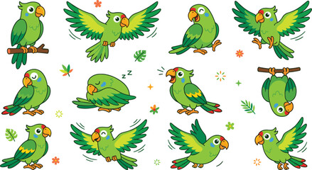 Naklejka premium Cute Green Parrot Character Vector Illustration Set Featuring Cartoon Exotic Tropical Birds Flying Perching and Sleeping for Children Educational Graphic Designs