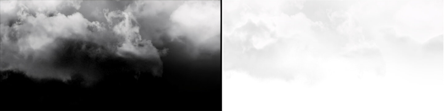 Natural white clouds set against black and transparent backgrounds as soft ethereal design elements for composites.