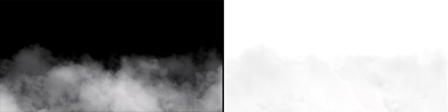 Horizontal smoke layer on black background with alpha channel transparency for ground fog cinematic visual fx.
