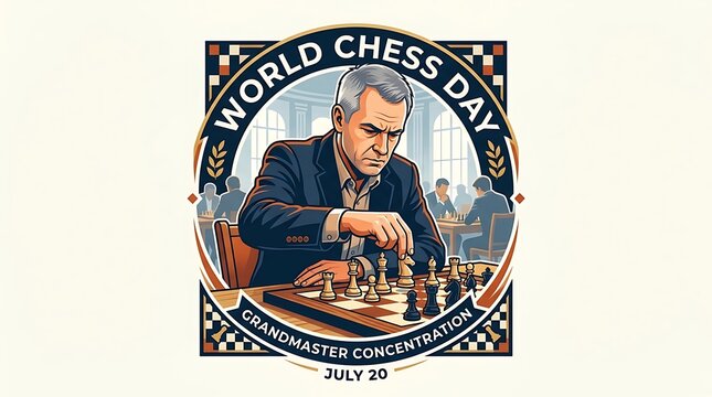 World Chess Day Illustration with Concentrating Grandmaster