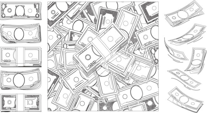 Vintage Muted Green Cash Money Dollar Bill Vector Set with Stacks of Banknotes Falling Currency and Messy Pile Background for Finance and Wealth Designs