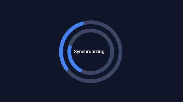 Animated digital interface displaying a circular synchronization progress ring with status text on a dark background, representing data transfer, system updates, connectivity, and workflow automation.