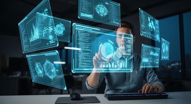 Man interacting with futuristic holographic screens.