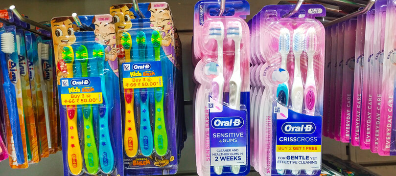 ORAL-B colorful toothbrush in the supermarket. Oral-B is an American brand of oral hygiene products currently owned by Procter & Gamble. 