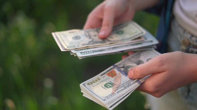 A young person holds a stack of cash in their hands. The cash is carefully counted, surrounded by a natural green backdrop.