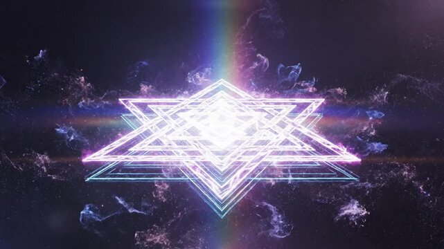 A luminous, intricate geometric star pattern glows with ethereal light against a dark, smoky background, with a rainbow prism effect.