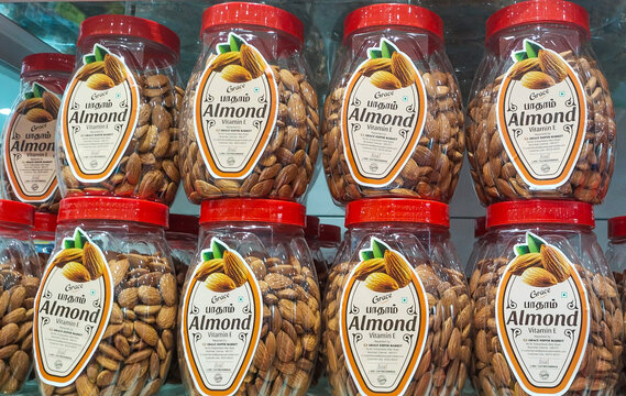 jars of roasted Badam nuts. 