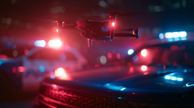 Medium shot of a police drone hovering above a cruiser with flashing emergency lights casting vivid blue and red reflections on the car hood highlighting the tense urban rooftop