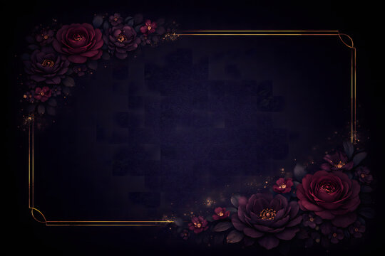 Elegant luxury dark background with vintage red roses and a thin gold rectangular border frame. generated by AI.