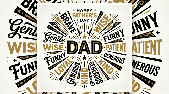 Father's day typographic greeting card design featuring bold gold and black positive adjectives radiating from a central dad label