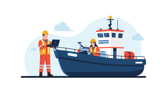Two workers in orange safety gear standing next to a blue boat