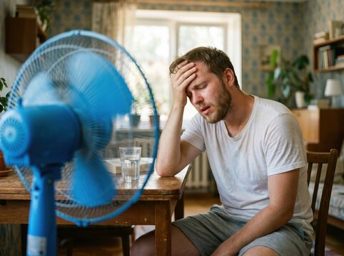 Young bearded man using electric fan at home, sitting on couch cooling off during hot weather, suffering from heat, high temperature