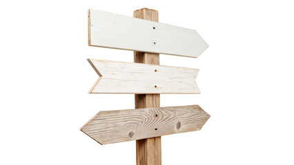 Blank rustic wooden signpost with three arrows pointing directions choice isolated on transparent background © Hanna