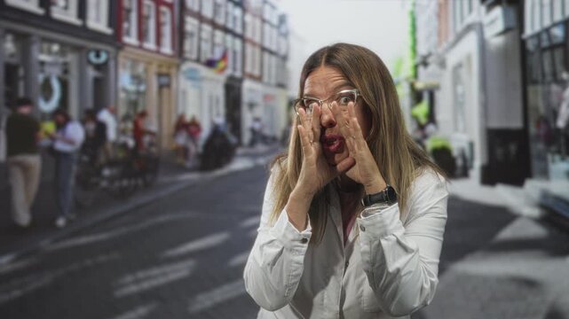 Woman doctor in white coat cups hands to shout on a busy street, wearing glasses and watch; urgency concern.
