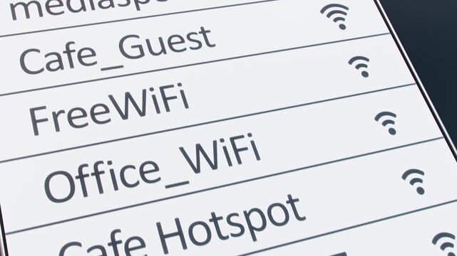 Video animation of a smartphone screen displaying a list of Wi-Fi networks and their signal strength. Seamless loop.