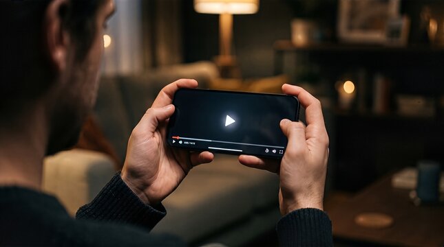 Elegant Late Night Video Streaming Concept with Hands Holding Smartphone in Cozy Interior Background