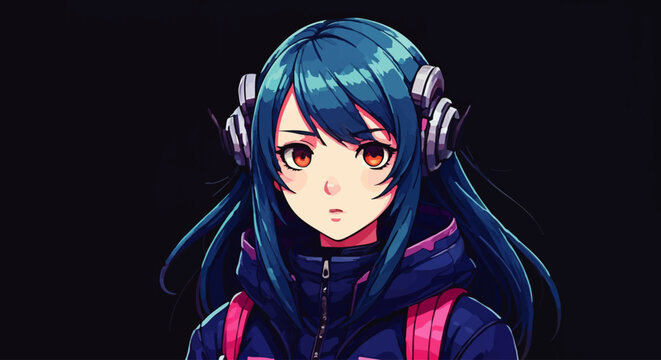 Illustration of a young woman with blue hair wearing headphones and a jacket, looking at the viewer with a surprised expression against a dark background