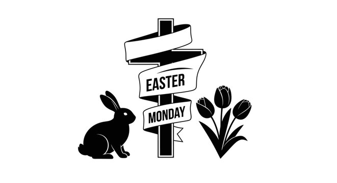 Easter monday celebration symbolized by a black silhouette rabbit tulips and a signpost with easter and monday written on ribbon banners in a minimalistic style
