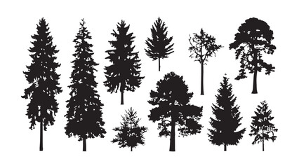 Collection of black tree silhouettes representing forest and nature elements. © Sara Studio