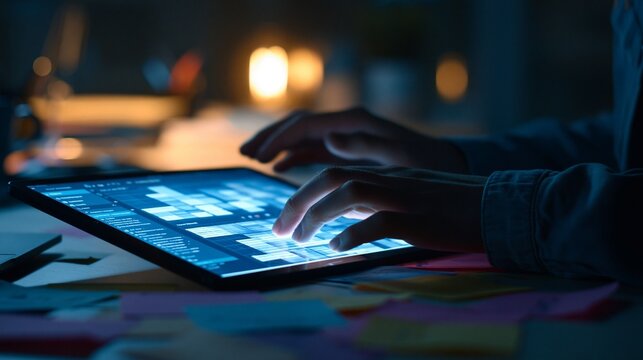 Hands interacting with a tablet displaying keyword clusters on a threatassessment dashboard surrounded by scattered notes and a dimly lit workspace captured with shallow depth