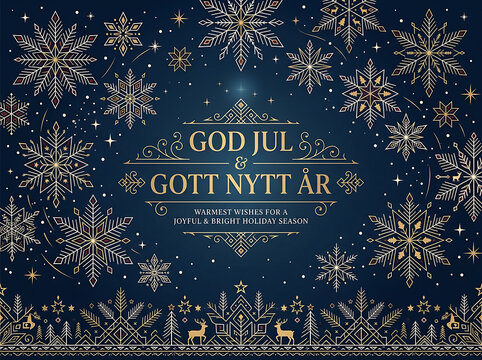 Scandinavian Christmas greeting card with God Jul and Gott Nytt &Aring;r in dark blue winter pattern