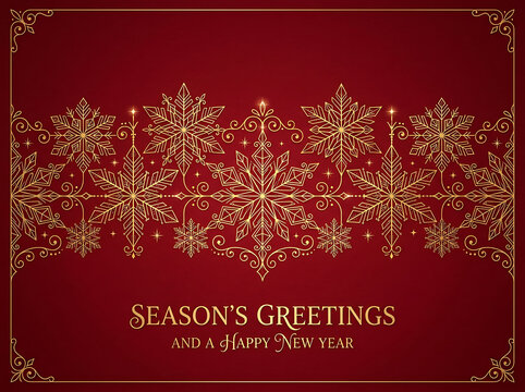 Elegant Gold Snowflake Border with Season's Greetings Holiday Message on Dark Red Background