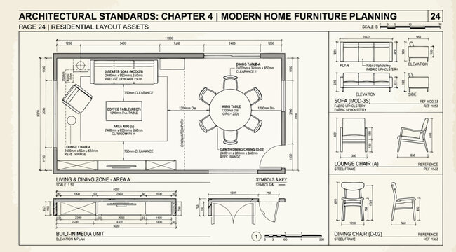 Architectural standards page showing modern home furniture planning layouts and dimensions