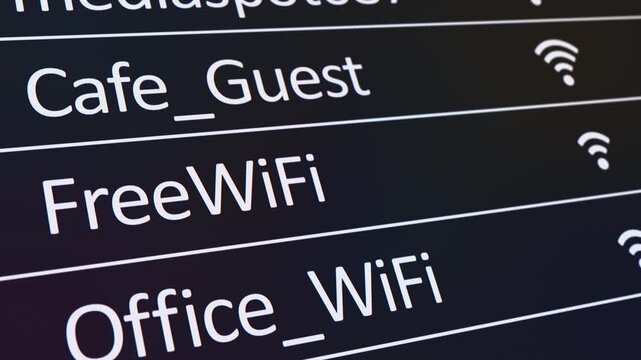 Video animation of a list of WiFi networks and their signal strength. Seamless loop.