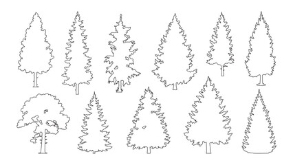 Collection of tree outlines, coniferous and deciduous, for nature design elements. © Sara Studio